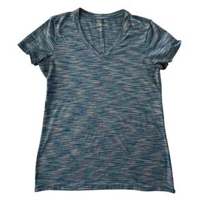 Reebok Womens Blue Space Dye V-Neck Activewear T-Shirt Size Medium Short Sleeve